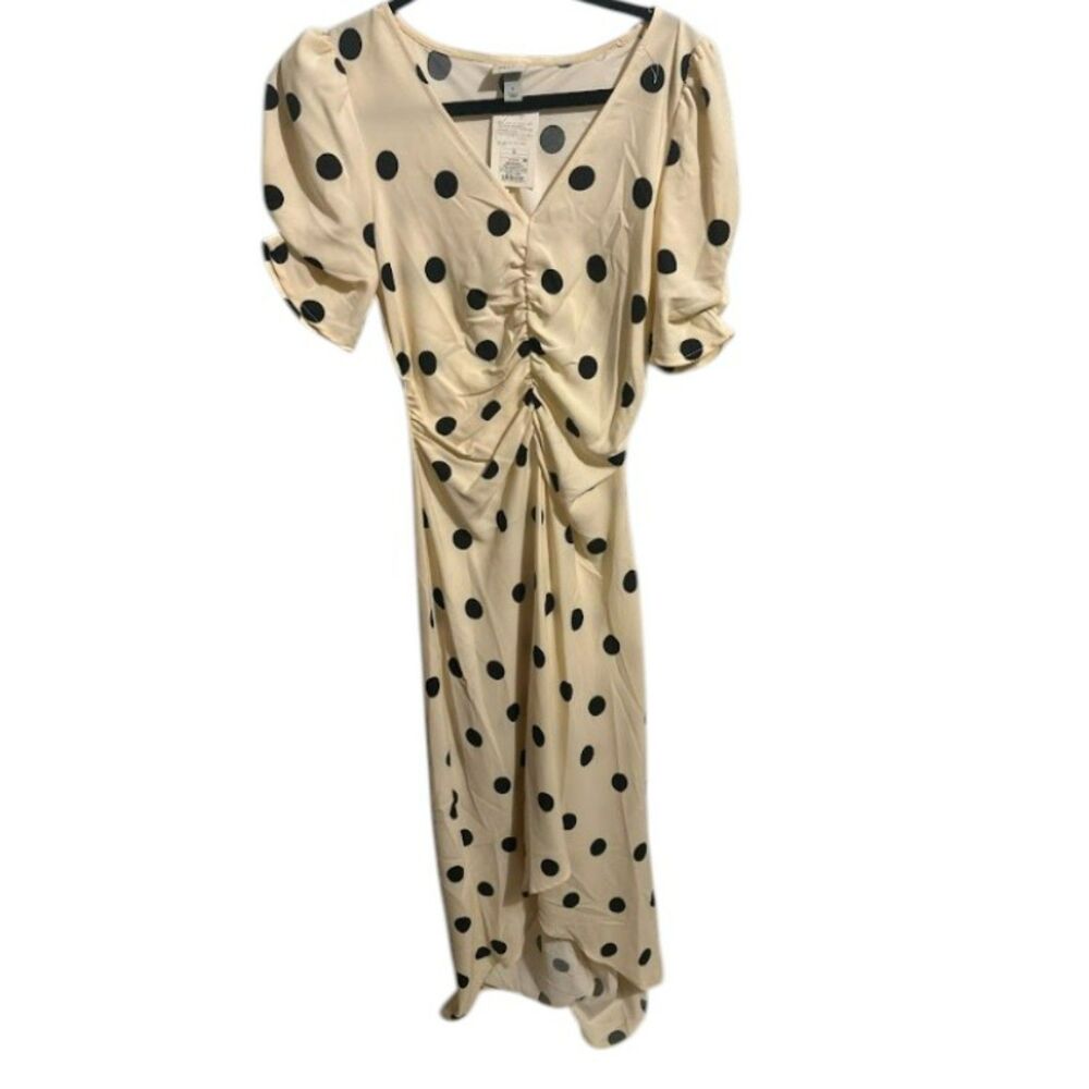 A New Day Black Polka Dot Puff Sleeve Midi Dress Ruched High-Low Dress
